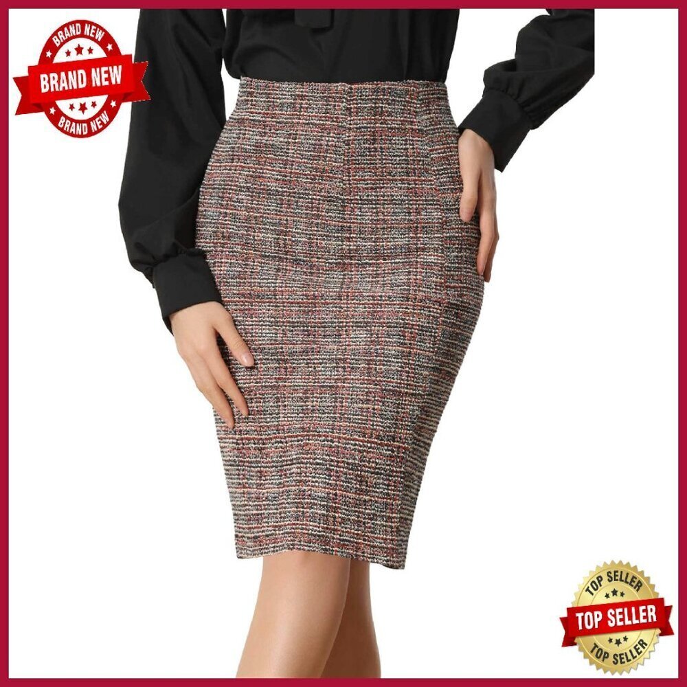 Tweed Pencil Skirt High Waist Split Hem Office Work Bodycon